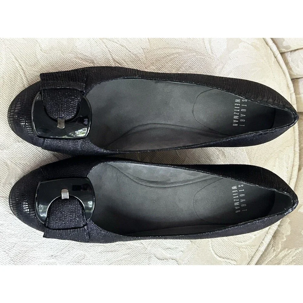 Stuart Weitzman Bucalina Wedge Heel Pumps Size 9 W Black Textured Leather Buckle